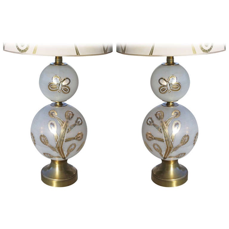Exceptional Pair of Glass and Brass Mid 20th Century Lamps