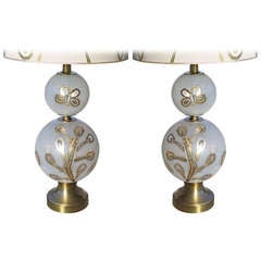 Exceptional Pair of Glass and Brass Mid 20th Century Lamps