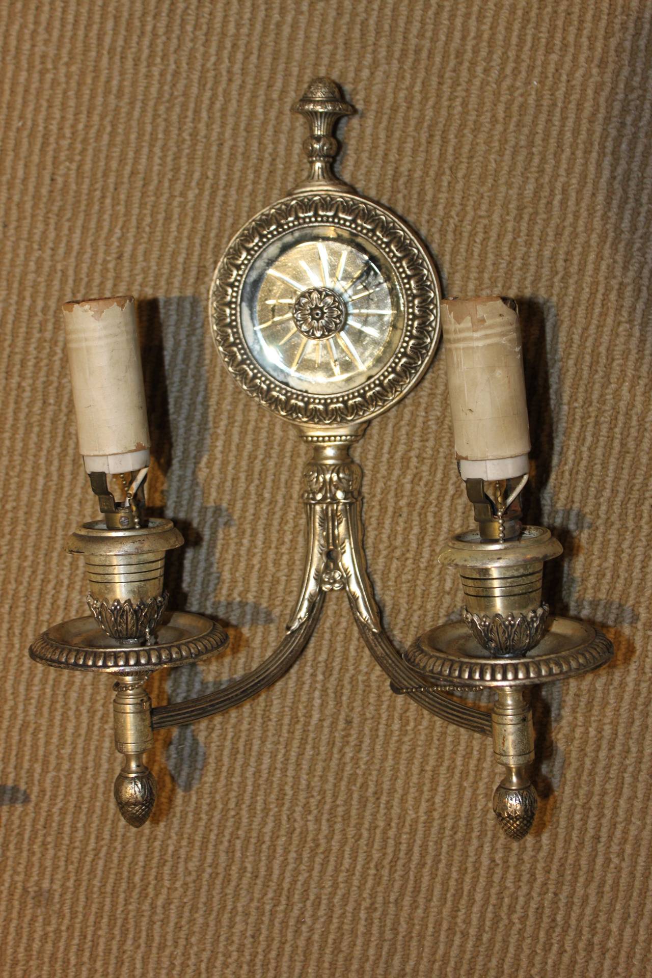 Hollywood Regency Pair of Antique Silver Mirror Wall Sconces