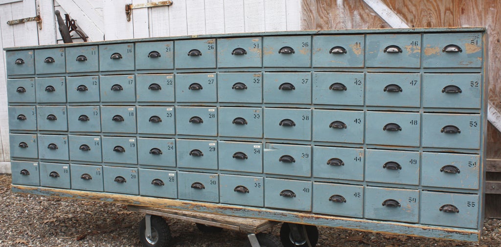 From Stephanie Lloyd, a profusion of drawers, 55 to be exact, in this big blue cabinet from a Massachusetts mill. The drawers are as clean as a whistle inside and slide as smoothly as silk. The great-looking original paint is intact...blue on the