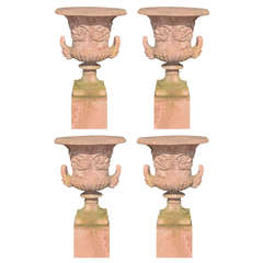 English Terra Cotta Color Cast Stone Neo Classical Style Urns On Pedestals