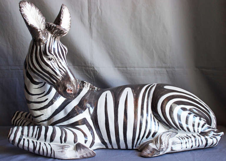 Large scale (relatively speaking) Italian Zebra, made of hand molded Terra Cotta and  Hand Painted and in Excellent condition.