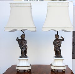 Pair of Italian Bronze and Carrara Marble "Putto" Lamps