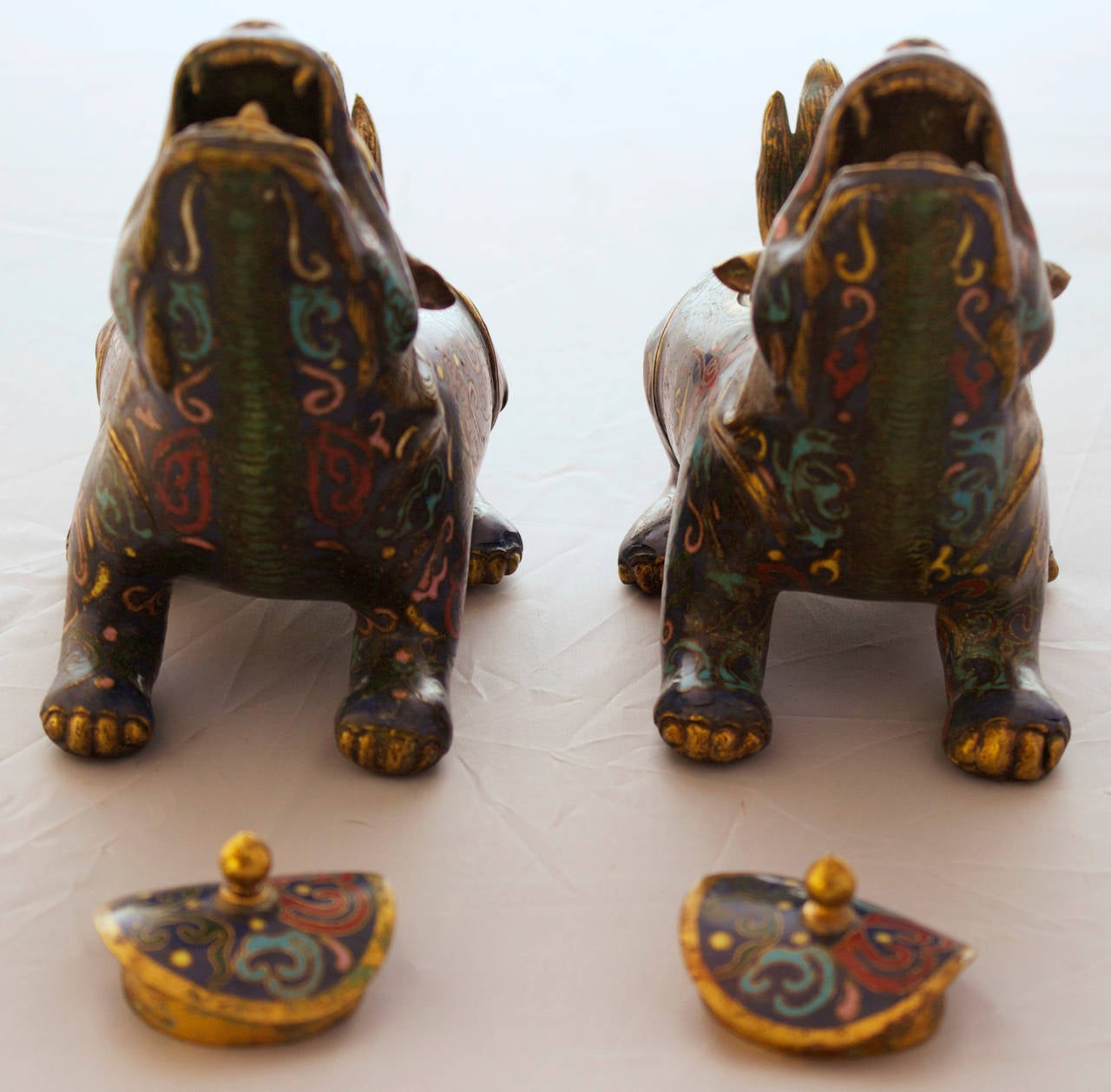 Cloissoné Pair of Chinese Cloisonné Bronze Figural Censers
