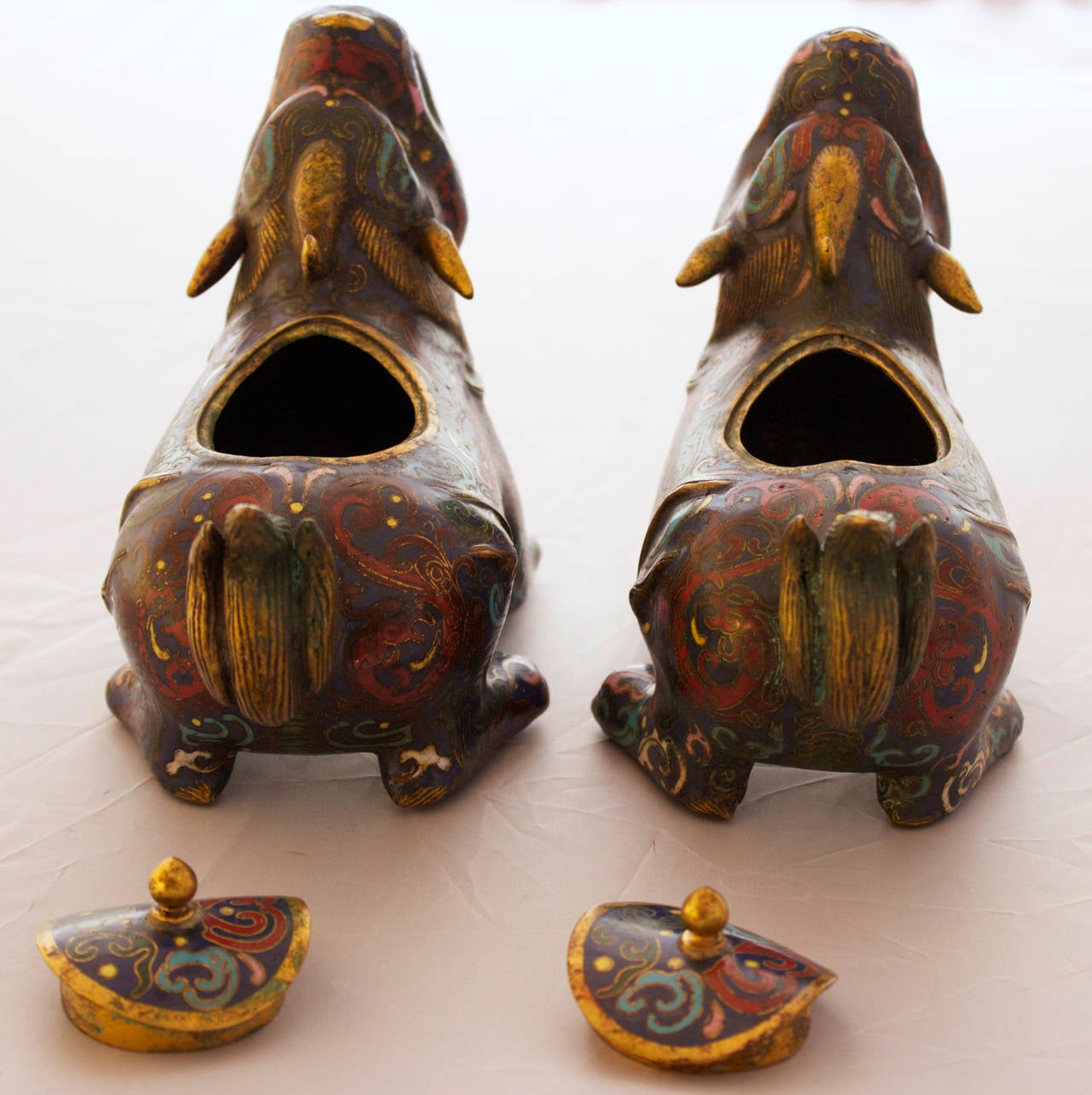 Pair of Chinese Cloisonné Bronze Figural Censers In Good Condition In Charleston, SC