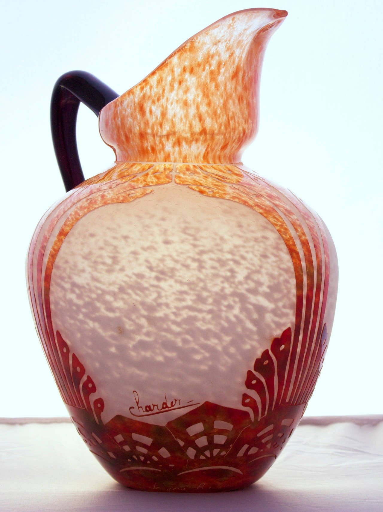 Etched Art Deco Cameo Glass Pitcher by Charles Schneider