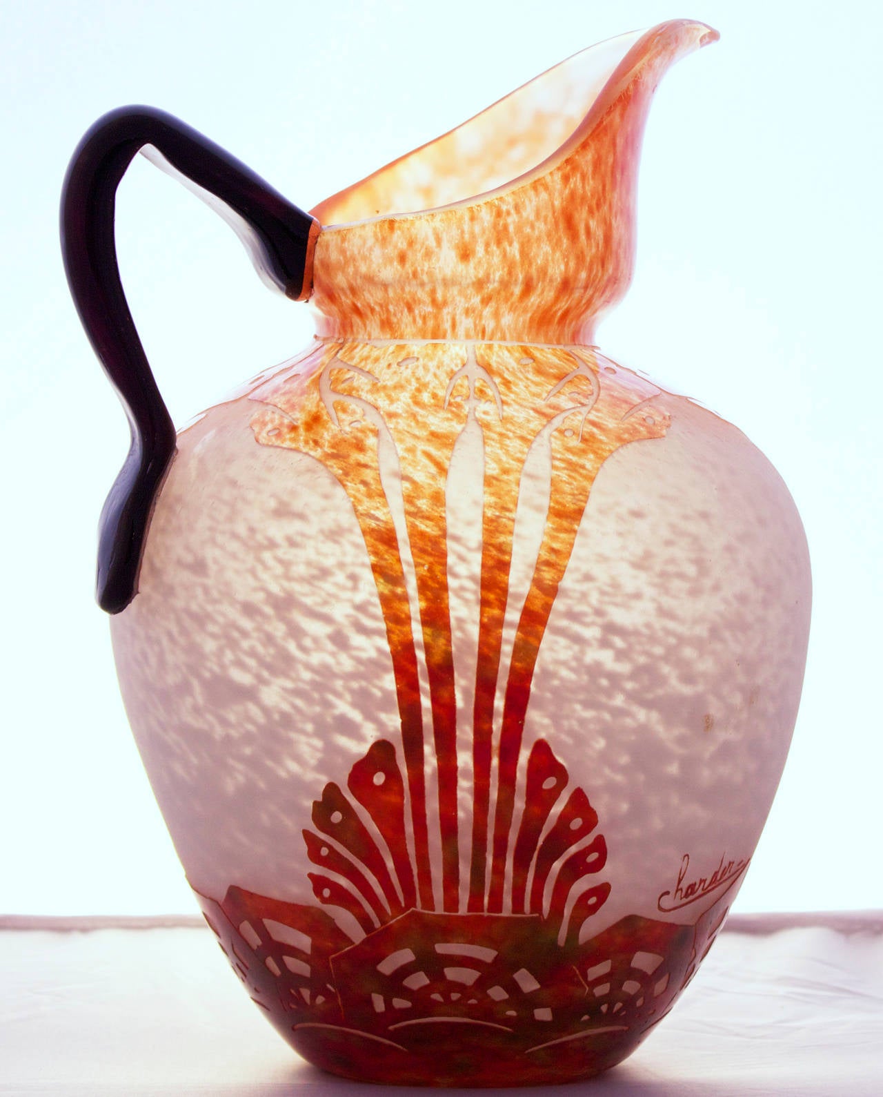 Art Deco Cameo Glass Pitcher by Charles Schneider In Excellent Condition In Charleston, SC