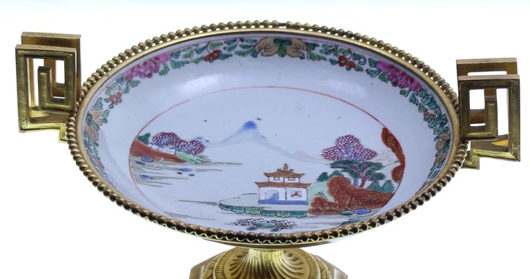 Chinoiserie Chinese Bowl in a French Bronze Doré Frame For Sale
