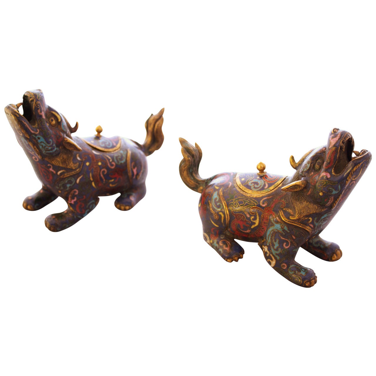 Pair of Chinese Cloisonné Bronze Figural Censers