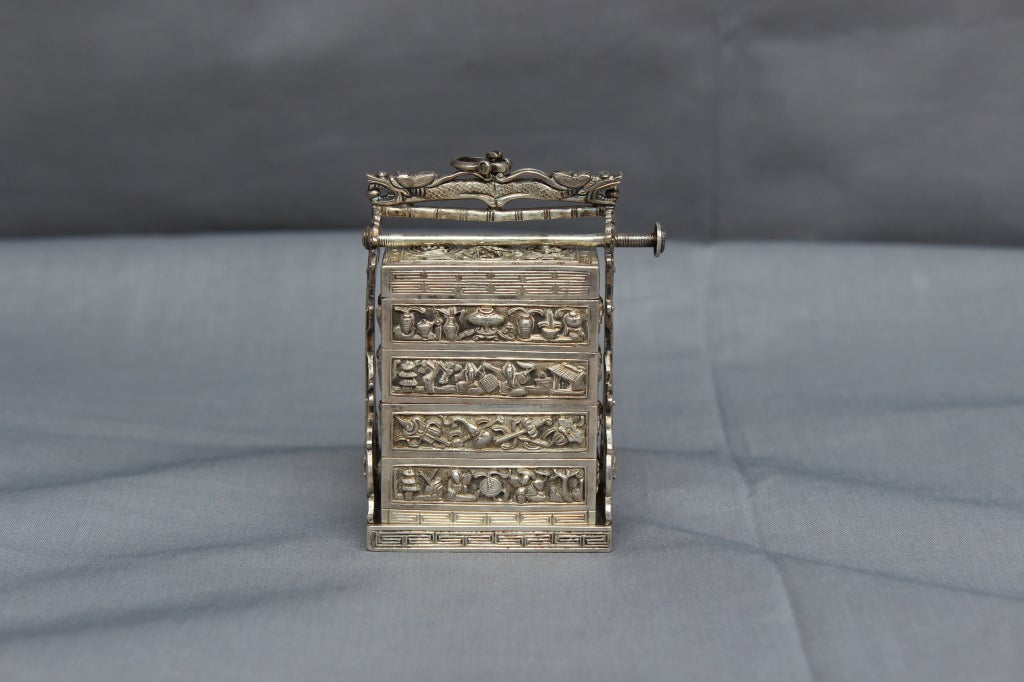Very fine Chinese Wedding Basket miniature in Silver possibly an Opium Box Q'um Q'in Period Circa 1750. Exqusite Craftmanship