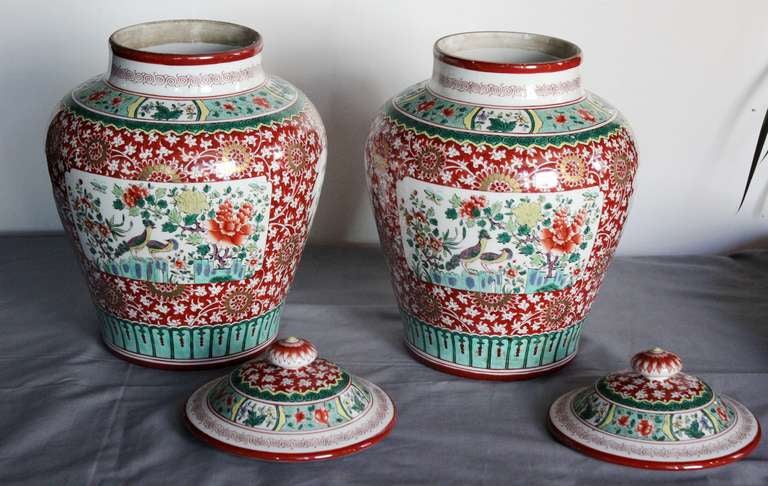 Glazed Pair of Chinese Porcelain Capped Vases