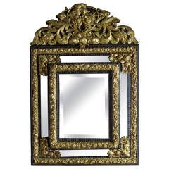 French Repousse Brass and Ebonized Wood Mirror