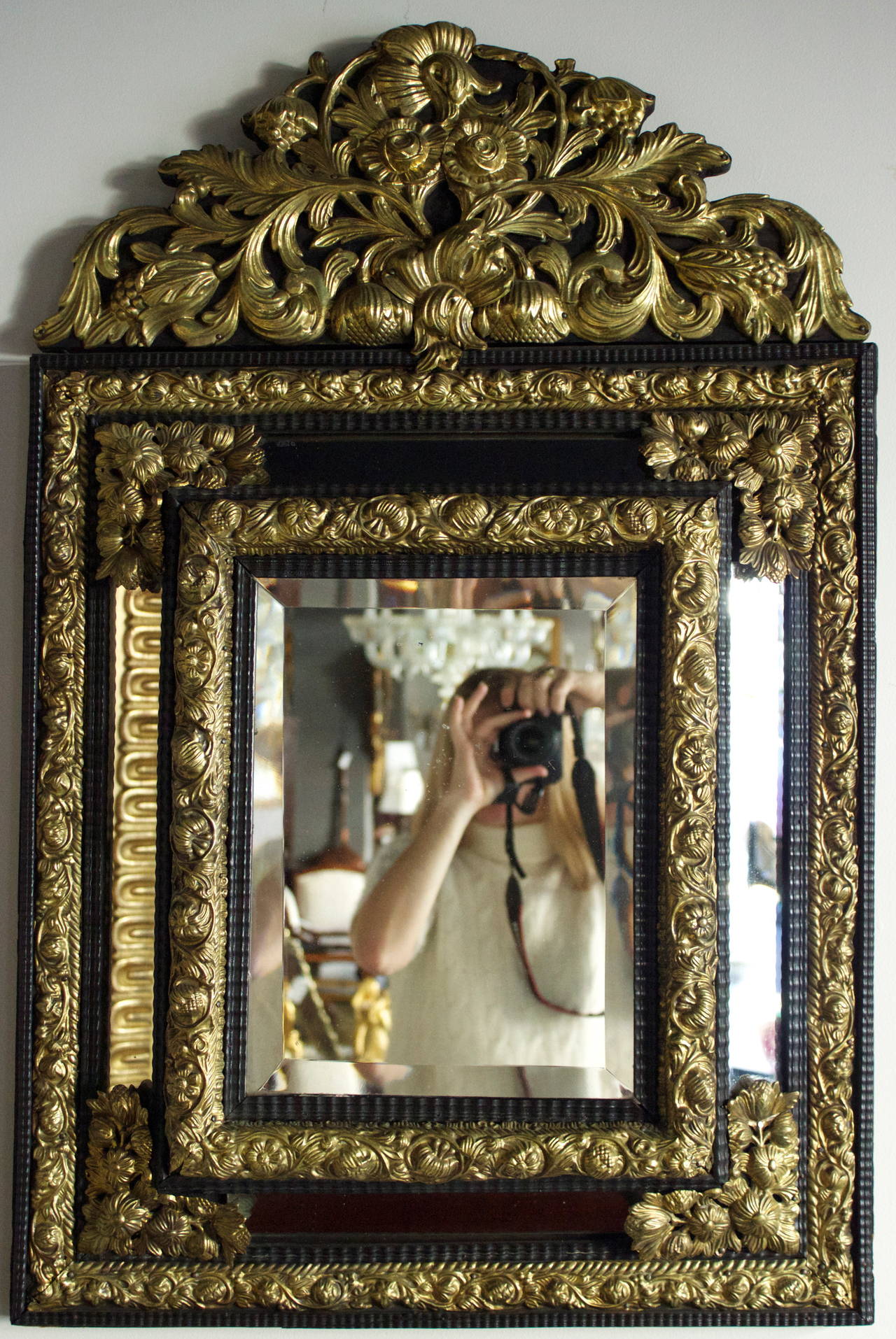 French Repousse Brass and Ebonized Wood Mirror