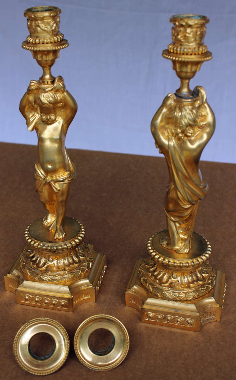 Pair of Louis XVI Style Bronze Doré Candlesticks