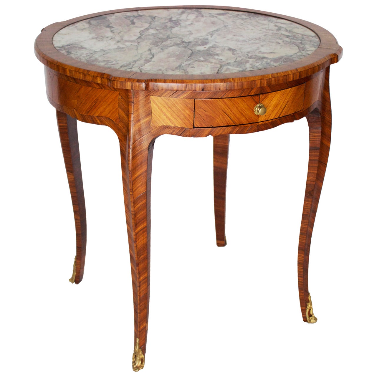 French Marquetry Louis XV Style Gueridon or Center Table with Marble Top For Sale