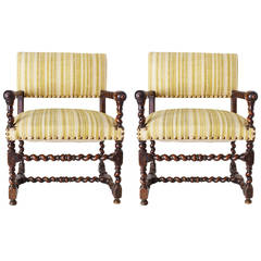 Pair of French Louis XIII Period Armchairs in Walnut