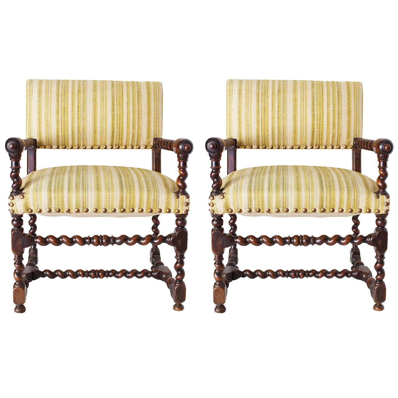 Pair of French Louis XIII Period Armchairs in Walnut