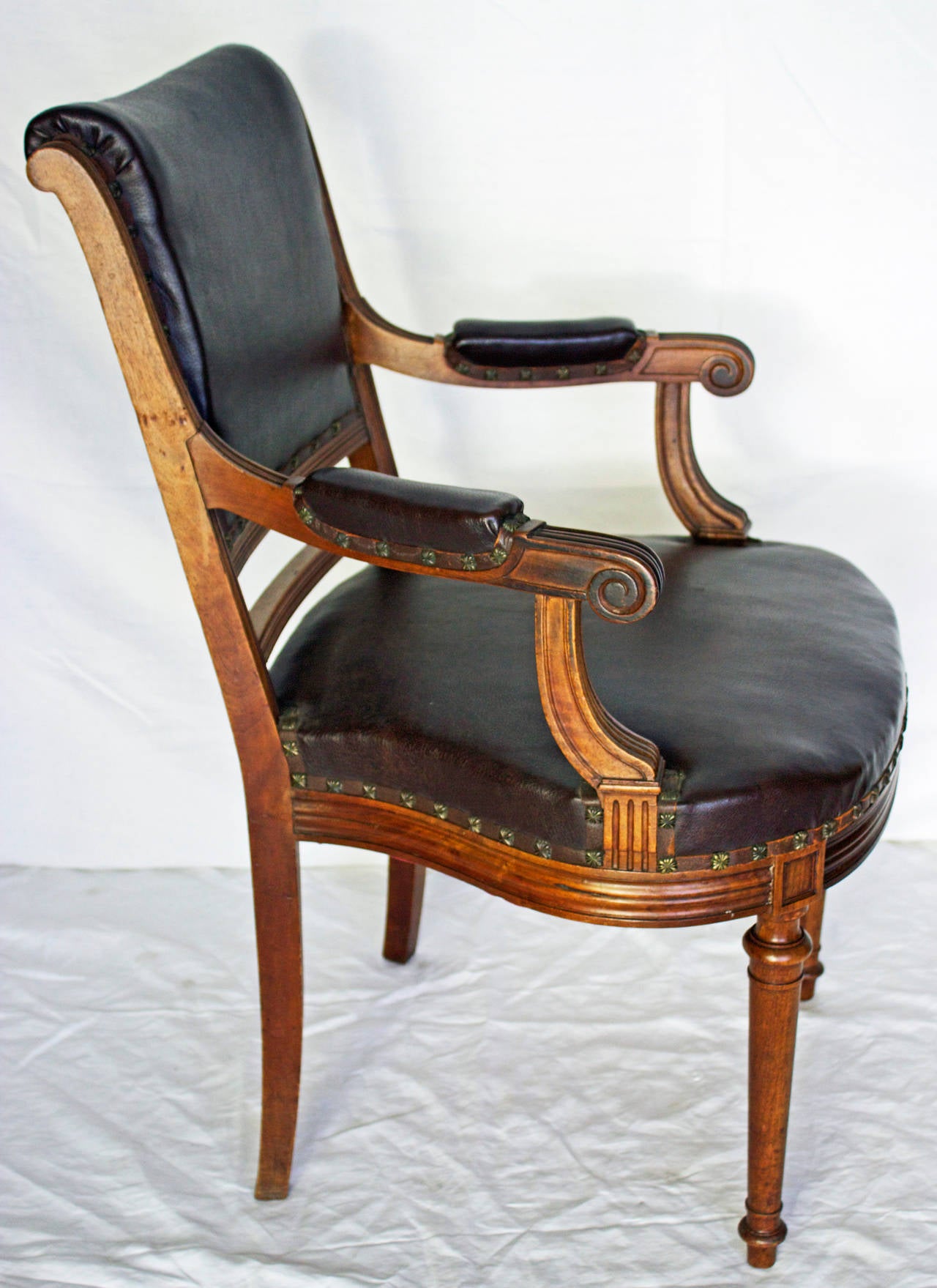 Hand-Carved French Louis XVI Style Leather Top Desk Armchair