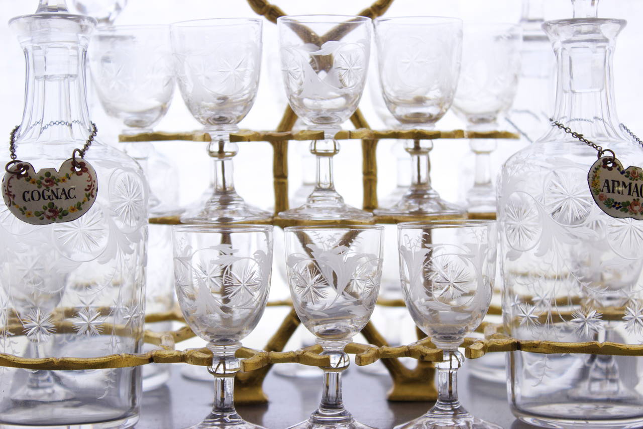 French Napoleon III Baccarat Crystal and Burl Amboyna Tantalus or Liquor Cabinet