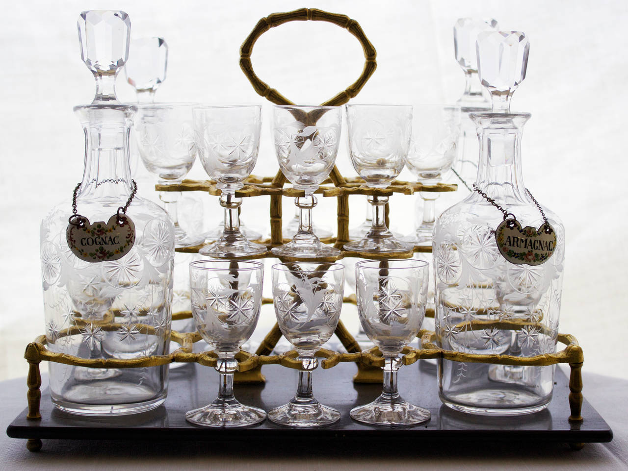 Etched Napoleon III Baccarat Crystal and Burl Amboyna Tantalus or Liquor Cabinet