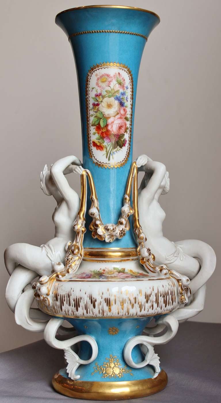 Very elegant and technically impressive handpainted Sevres porcelain factory vase in 