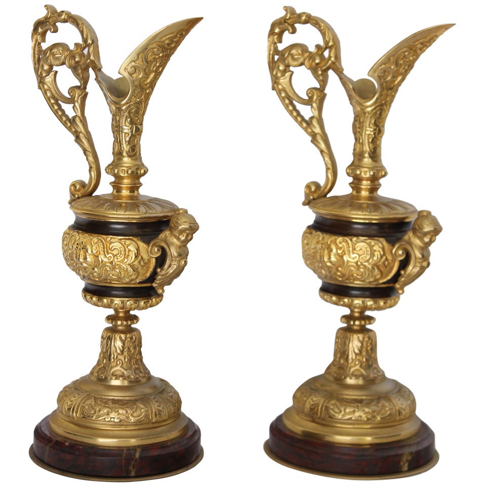 Pair of French Gilded Bronze Ewers For Sale