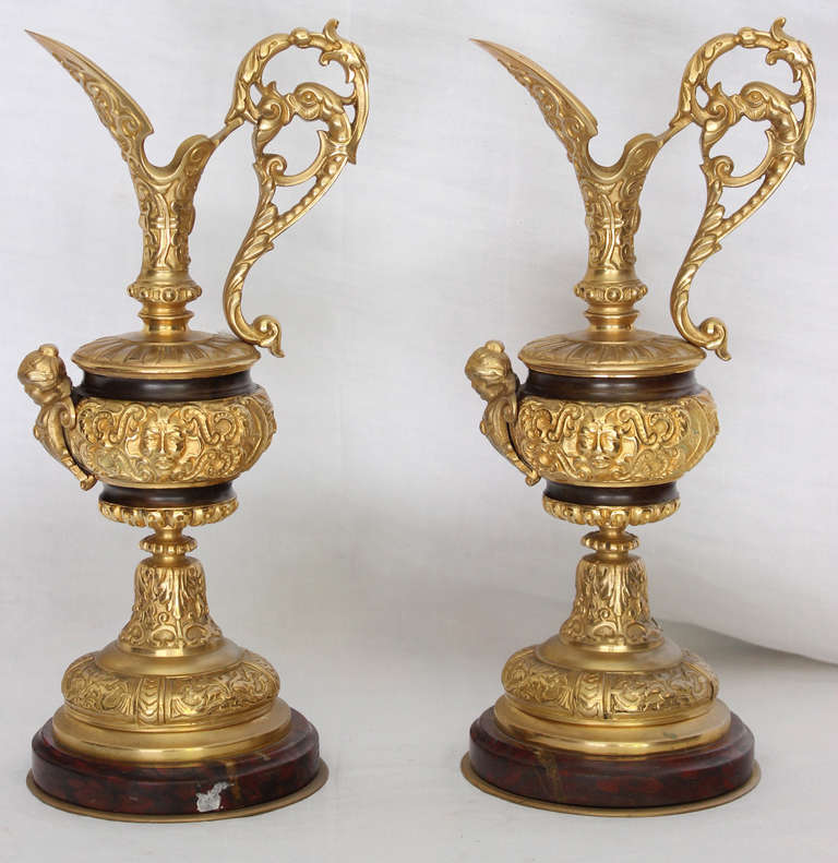 Pair of French Gilded Bronze Ewers In Excellent Condition For Sale In Charleston, SC