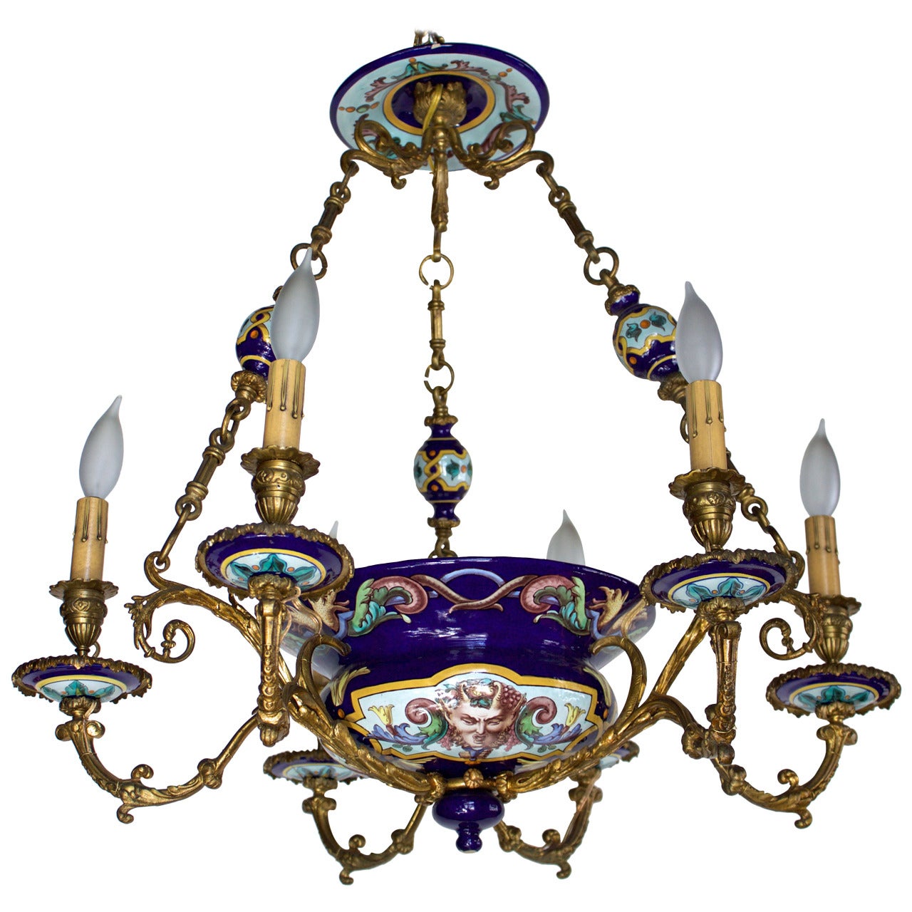 French 19th Century Bronze and Gien Faience Six Arms Chandelier For Sale