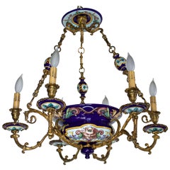 French 19th Century Bronze and Gien Faience Six Arms Chandelier