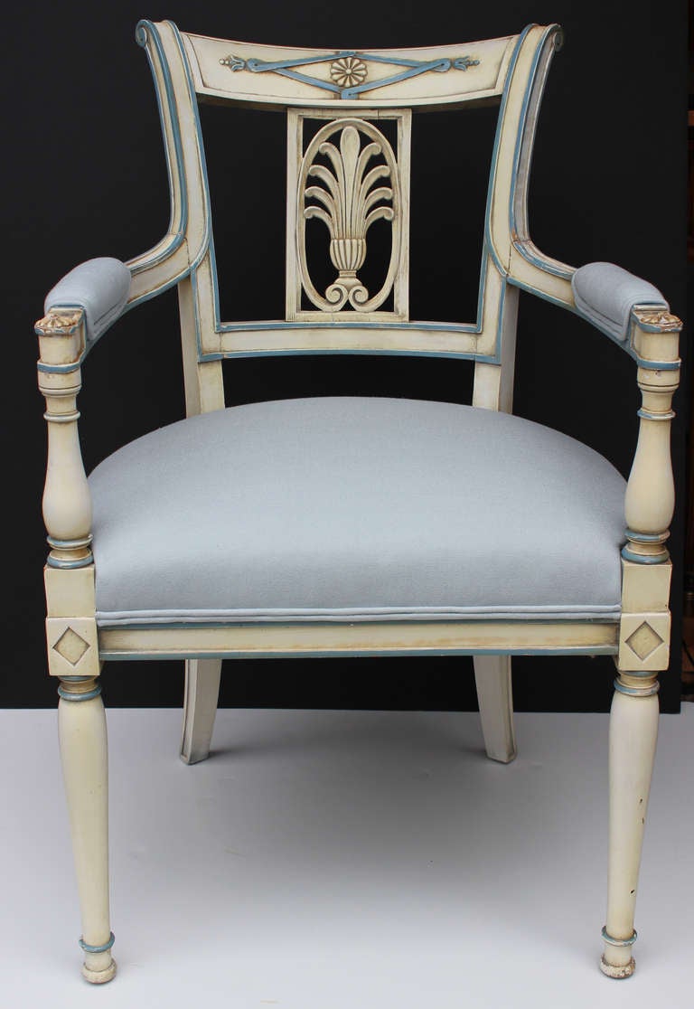 Great looking pair of Directoire style Fauteuils lacquered in a creamy white with a blue rechampi. Back splat is a large framed 