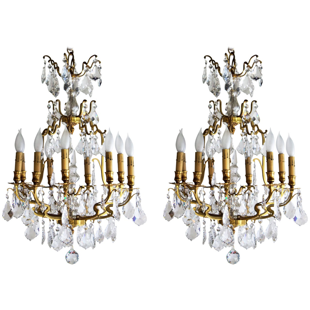 Pair of Gilt Bronze and Crystal Louis XV Style Chandeliers For Sale