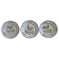 Three End of 18th Century French Earthenware Plates with "Decor au Coq"