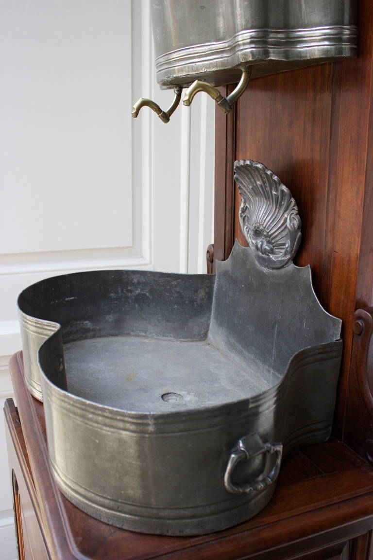 Walnut French 18th Century Period Pewter Wall Fountain For Sale