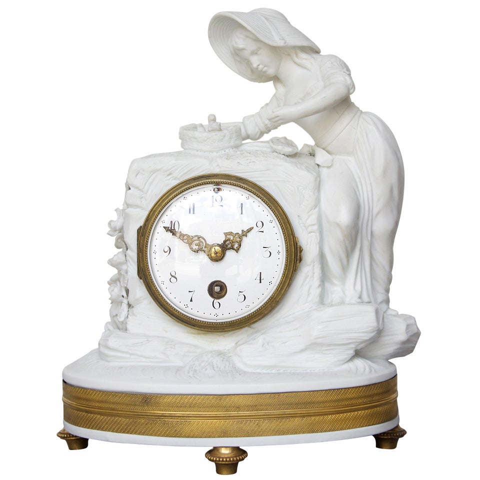 Romantic Period Clock in a Sevres Bisque Porcelain Surround For Sale