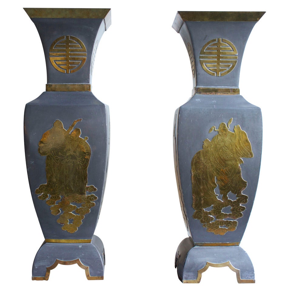 Pair of Large Asian Pewter Vases For Sale