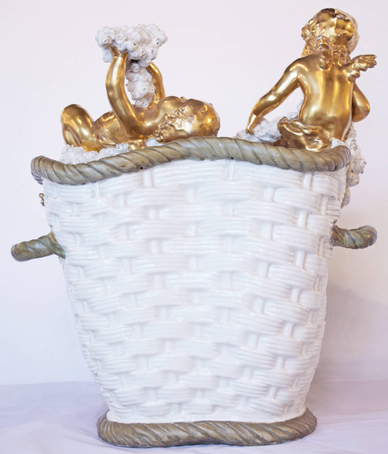 Art Nouveau Amphora Porcelain basket with gided angels In Excellent Condition In Charleston, SC