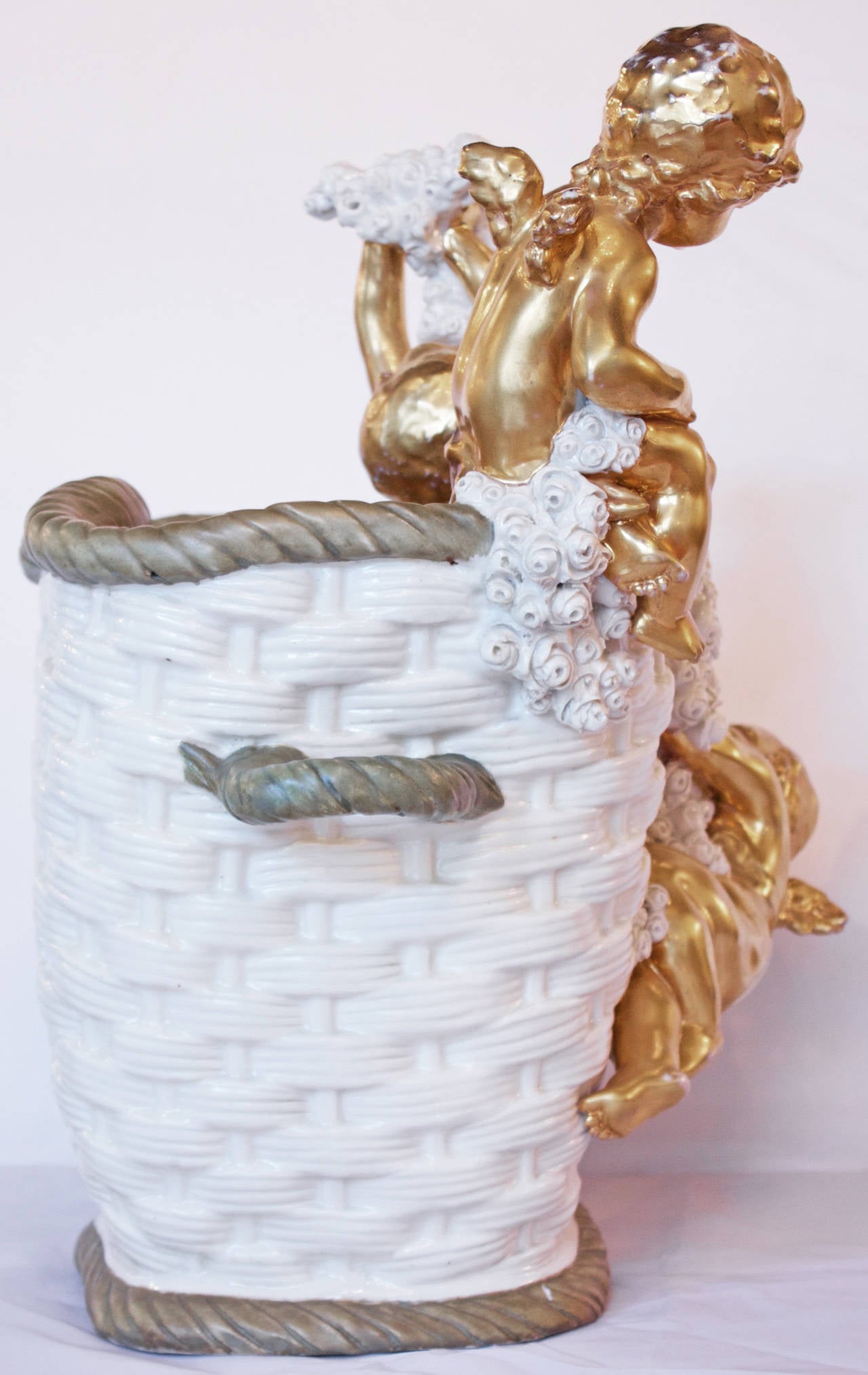 Early 20th Century Art Nouveau Amphora Porcelain basket with gided angels