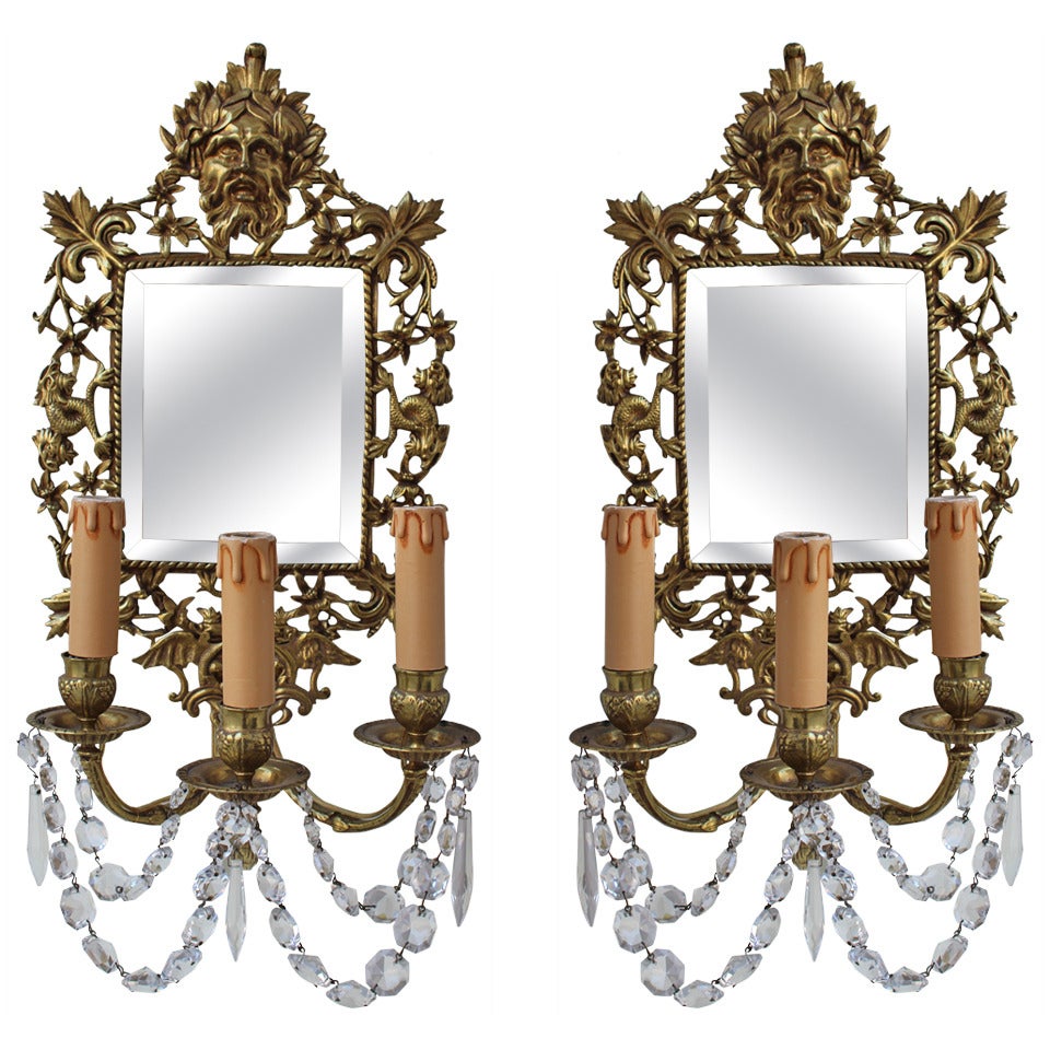 Pair of French 19th Century Bronze Sconce with Mirrors For Sale