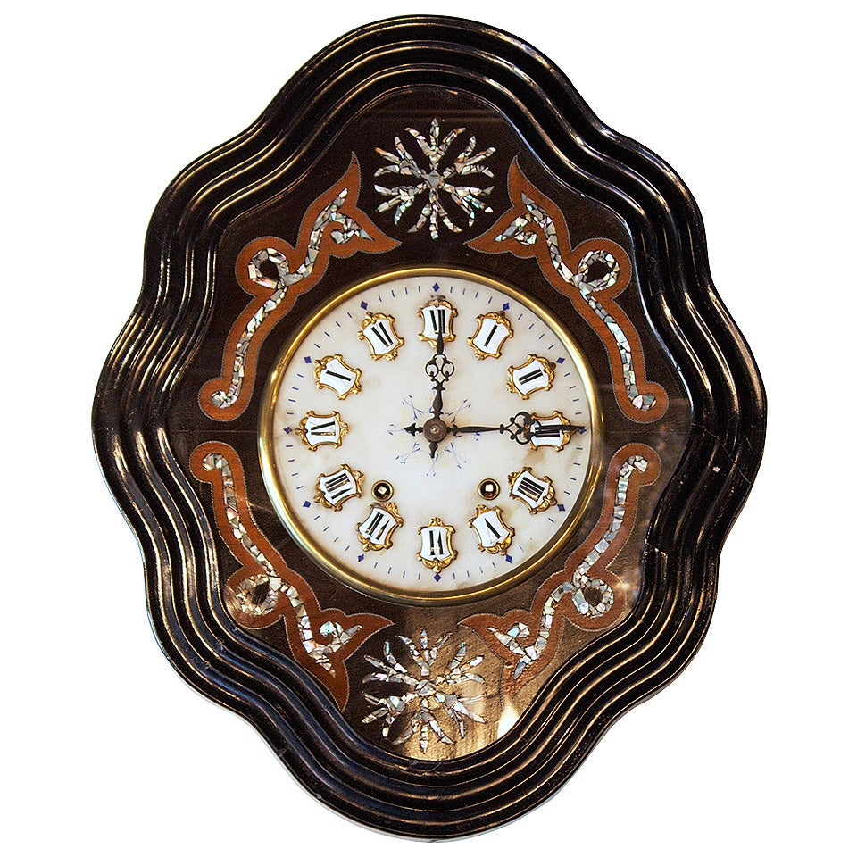 19th Century French Wall Clock with Mother-of-Pearl Inlay