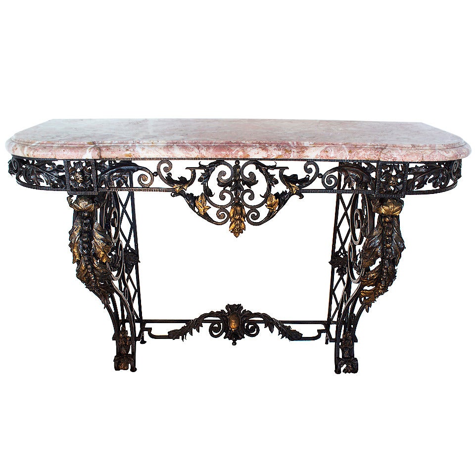 French Wrought Iron and Marble-Top Console Table For Sale