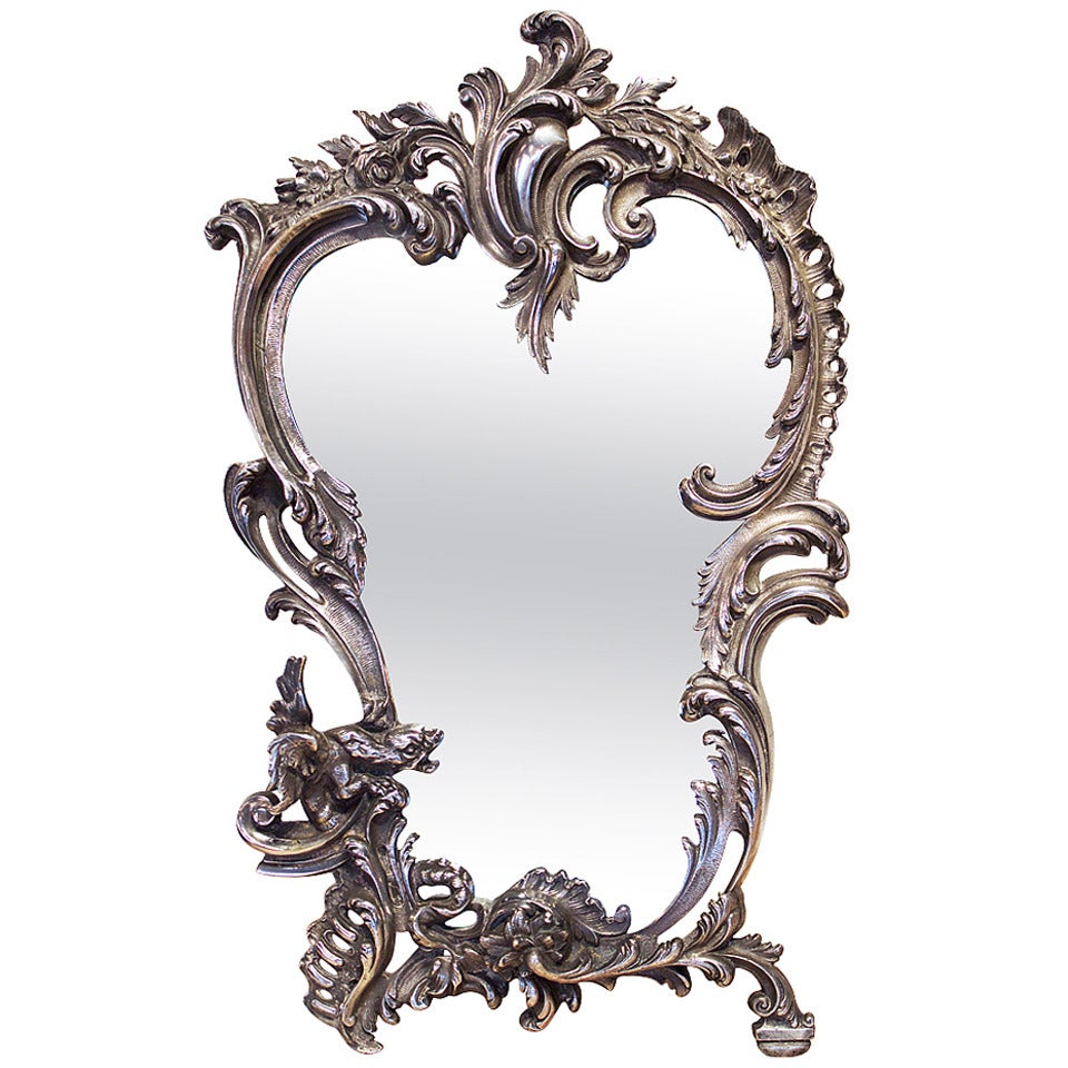 19th Century French Silver Plated Bronze Table Mirror For Sale