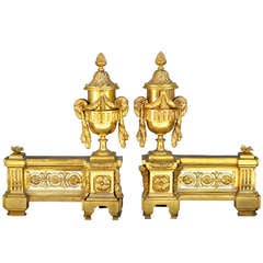 Pair of Louis XVI style gilded bronze andirons