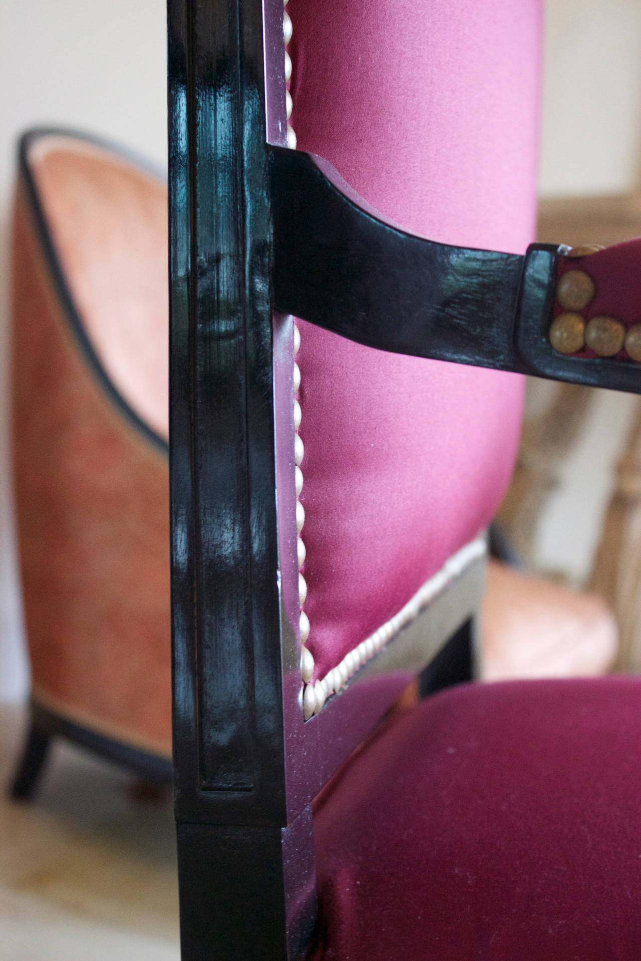 20th Century Jansen Louis XVI Style Black Lacquered Armchair For Sale