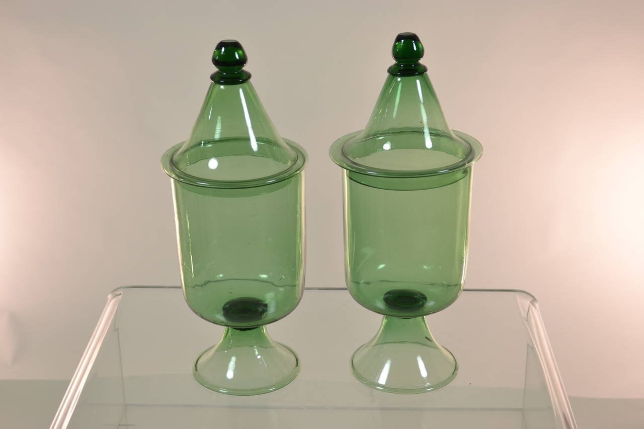 Pair of Italian Glass Lidded Urns In Excellent Condition In Norwalk, CT