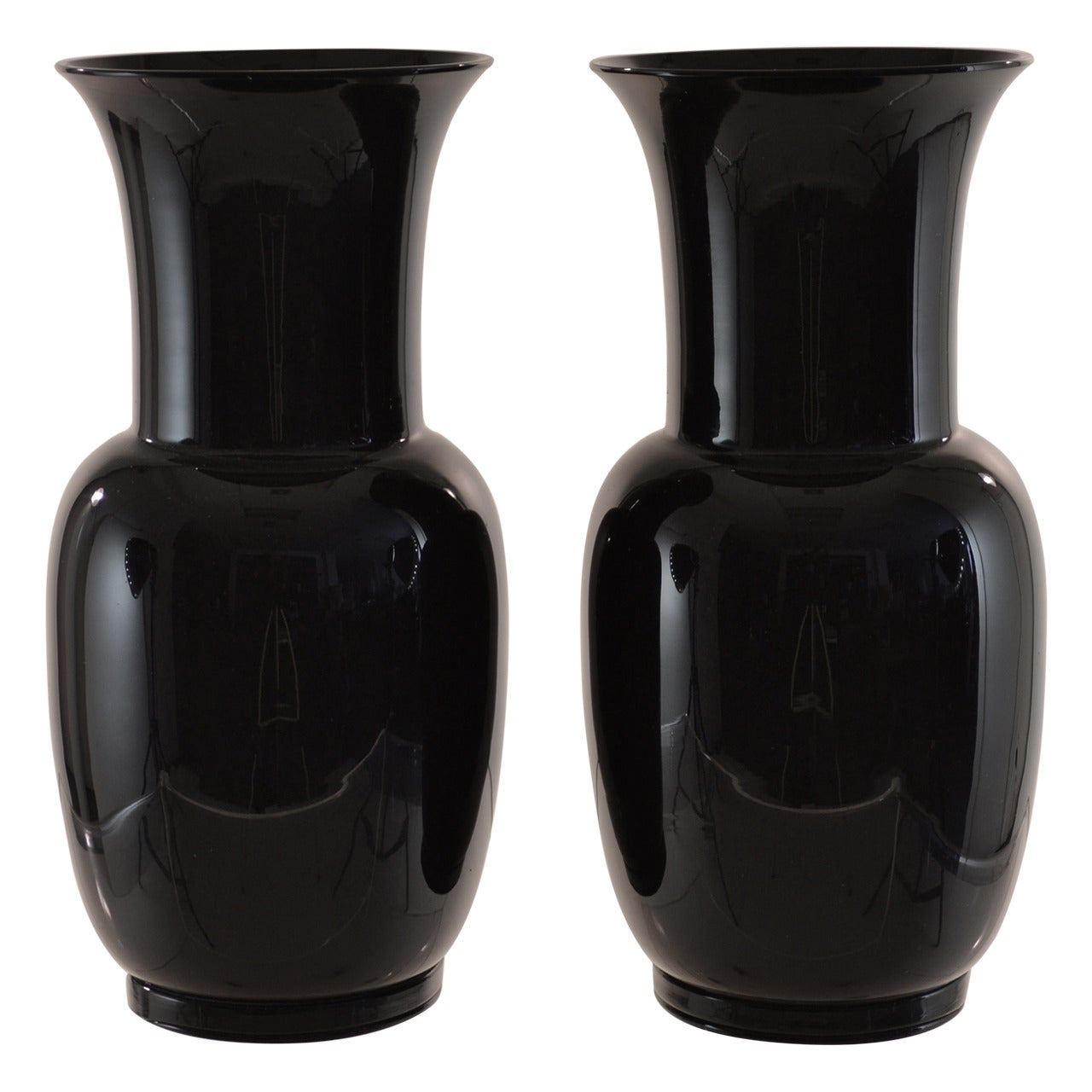 Venini, Pair of Signed Black Glass Urns, dated 1978