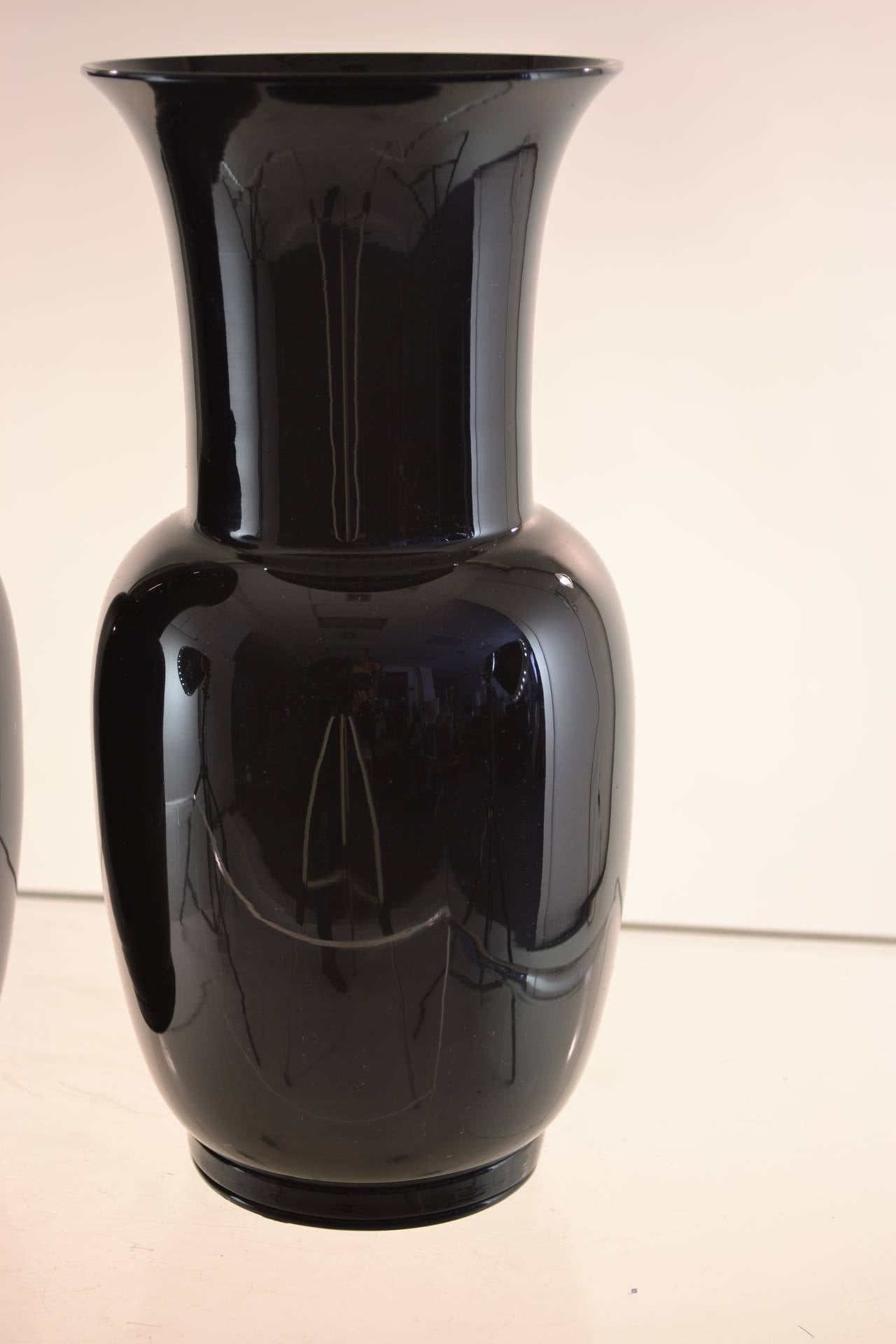 Mid-Century Modern Venini, Pair of Signed Black Glass Urns, dated 1978