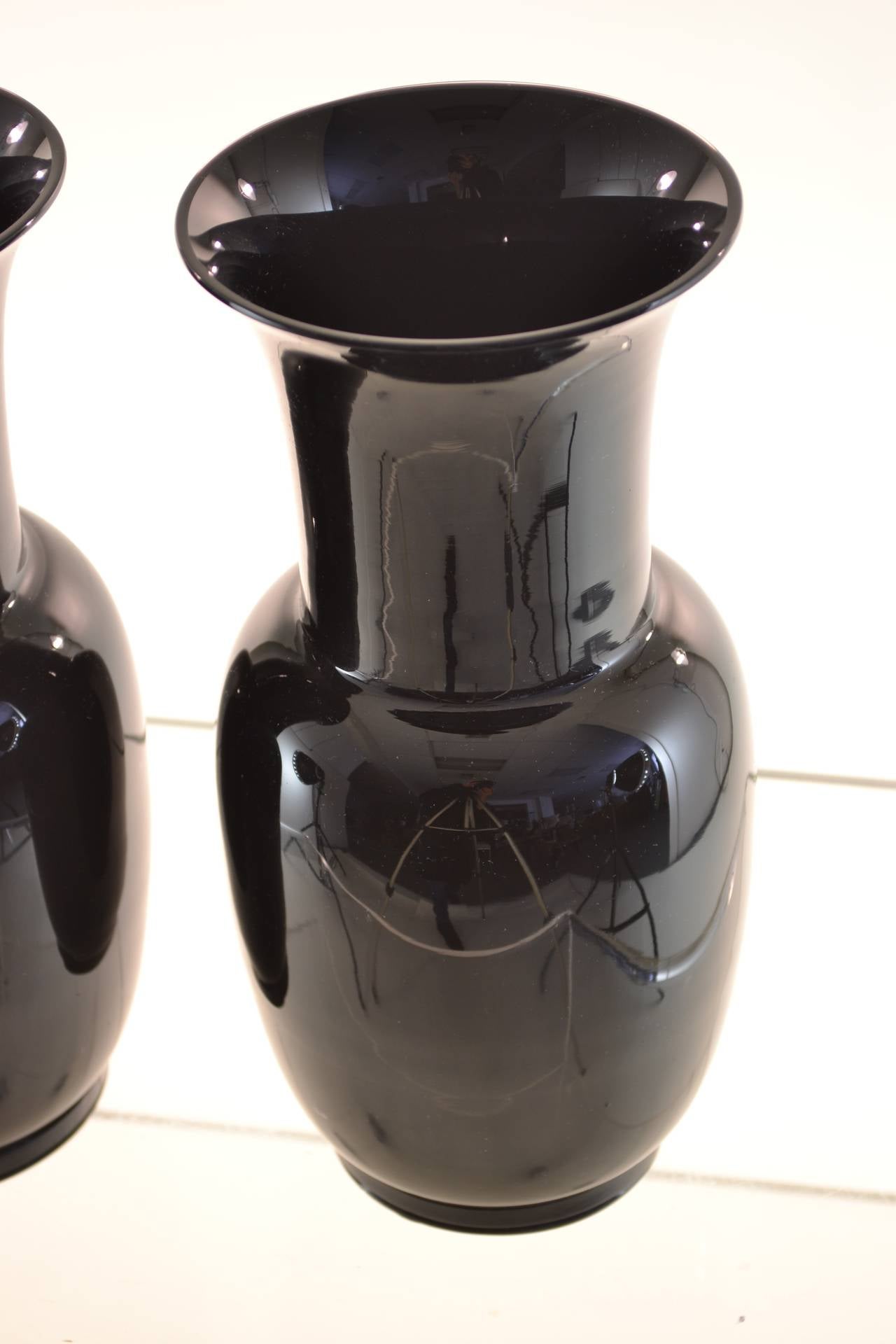 Italian Venini, Pair of Signed Black Glass Urns, dated 1978