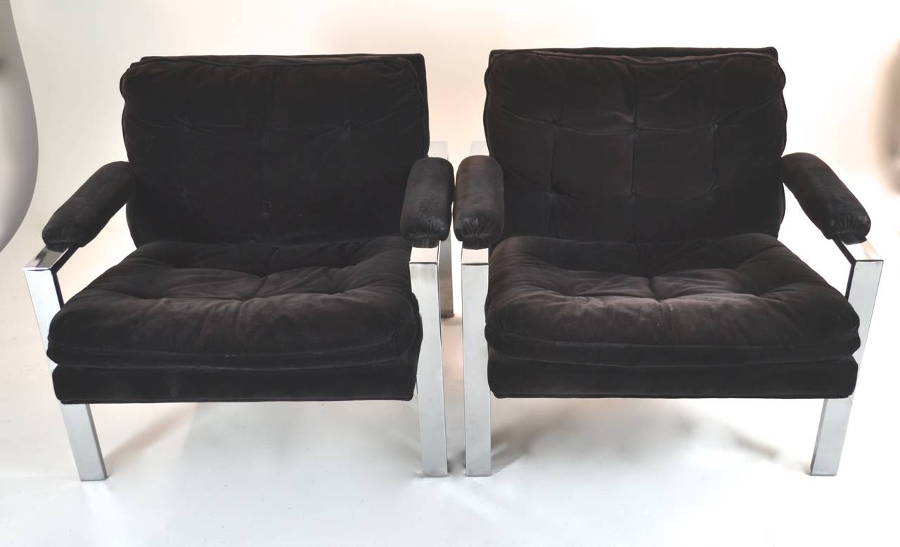 Pair of chrome flat bar armchairs by Milo Baughman for Thayer Coggin. Chrome is in excellent condition; original upholstery although very attractive in silky brown velvet is worn. Note: open back makes chairs visually interesting from all sides.