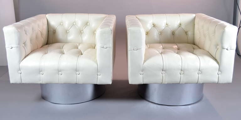 A beautiful form, original deeply tufted glazed leather on chrome bases. Super glam style. Heavy, quality construction.