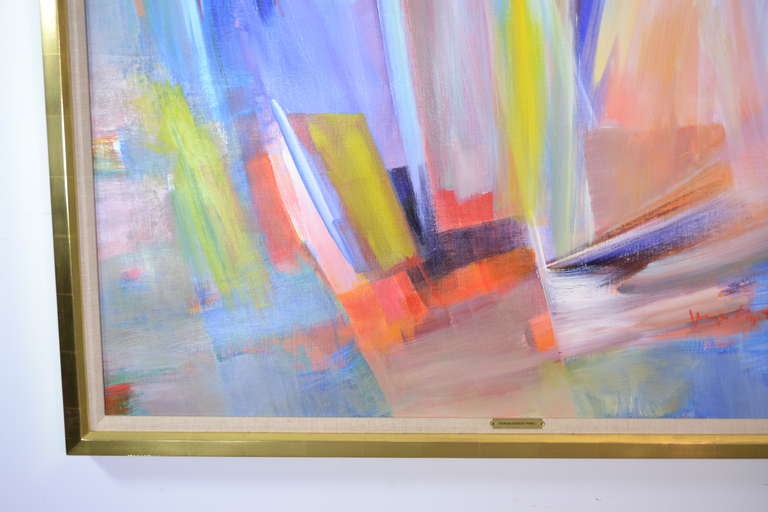 Large and vibrant abstract by Choquet-Perez whose works were shown at the Wally Findlay Gallery in NYC; nice label on verso. This oil on canvas is beautifully presented in fine water gilded frame with linen liner. Also features museum-style plaque